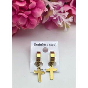 Gold Tone Stainless Steel Cross Drop Huggie Earrings, 1 In
